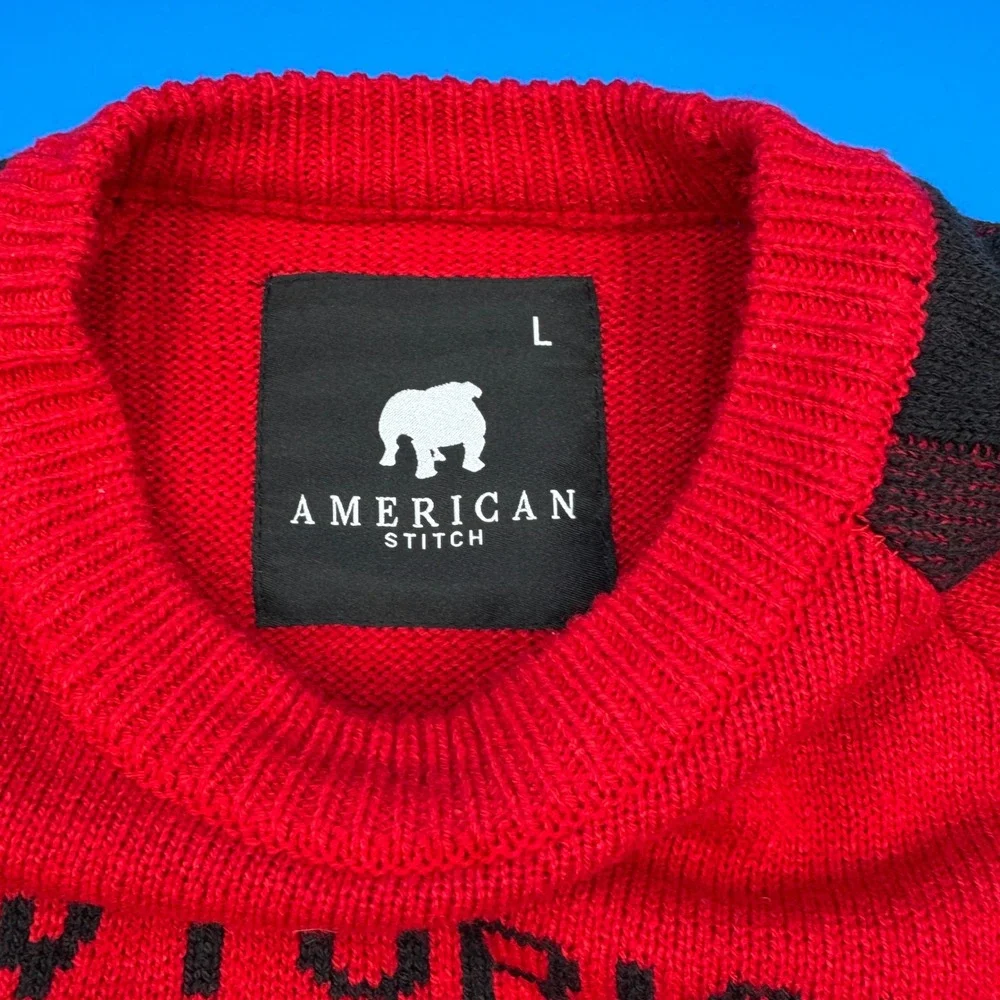 American‎ Stitch Snowtorious Red Black Buffalo Plaid Ugly Christmas Sweater L